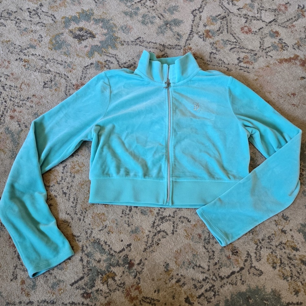 Juicy Couture JACKET Velour Zip Up Aqua Blue Track Suit Womens L CROPPED